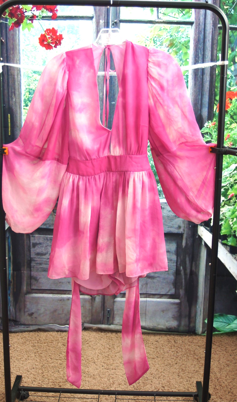 TOCCIN X RTRPink Tie Dye Romper Sz 0 Open Back Satin Long Sleeve Ruffles